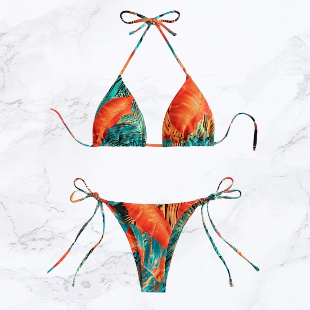 Tropical Print Halter Bikini Swimsuit in Orange & Coastal Green Multicolor